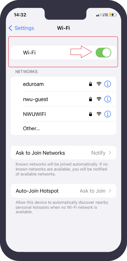 Apple (iPhone): Turn Wi-Fi on