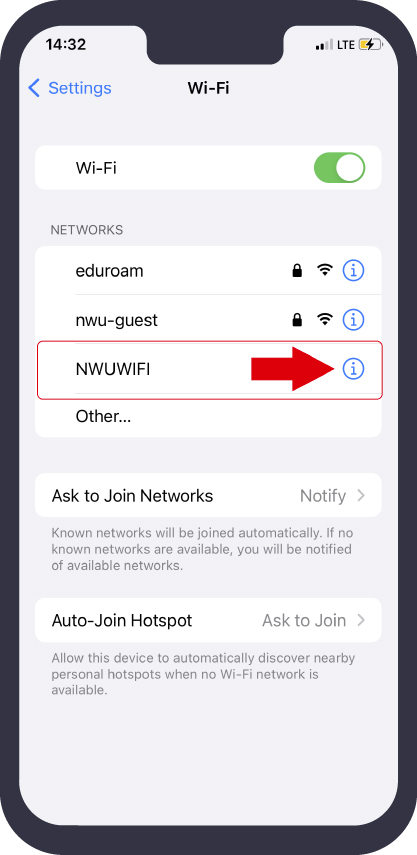 Apple (iPhone): Select NWUWIFI